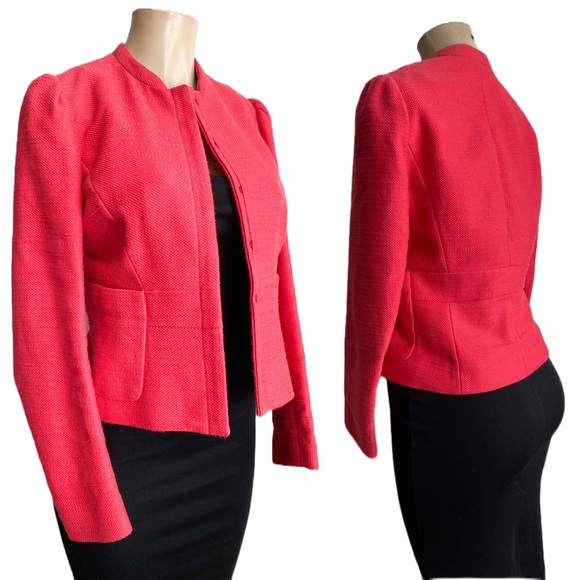 $660‼️MAJE Tweed Short Blazer Jacket Collarless Long Pleated Sleeves Pink Red M - Picture 6 of 13